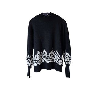 Nicole Miller Black and White Mockneck Viscose Blend Balloon Sleeve Sweater Size